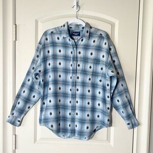 Vintage Western print blue plaid Best American clothing button down 100% cotton
